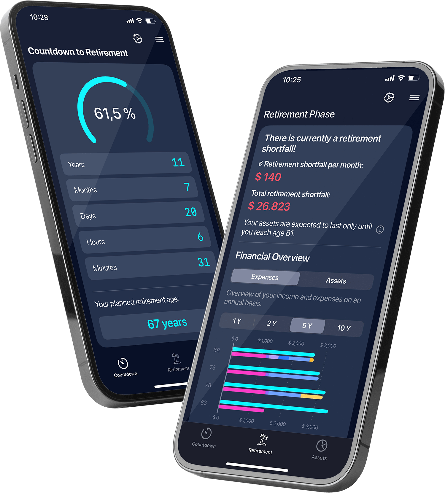 Two smartphones: countdown to retirement and overview of retirement gap and finances